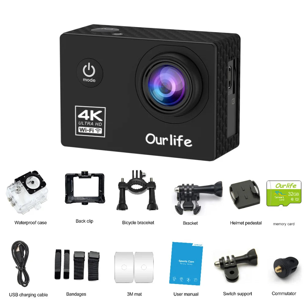 Waterproof (30M) Ultra HD 4K Action Camera with Wi-Fi, 170° Lens & 2" Screen