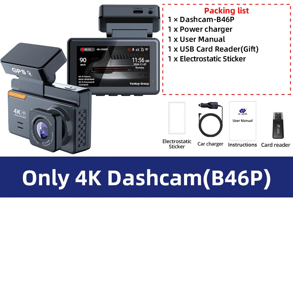 4K Dash Cam with Night Vision, GPS, Wi-Fi, & Dual-Lens Recording