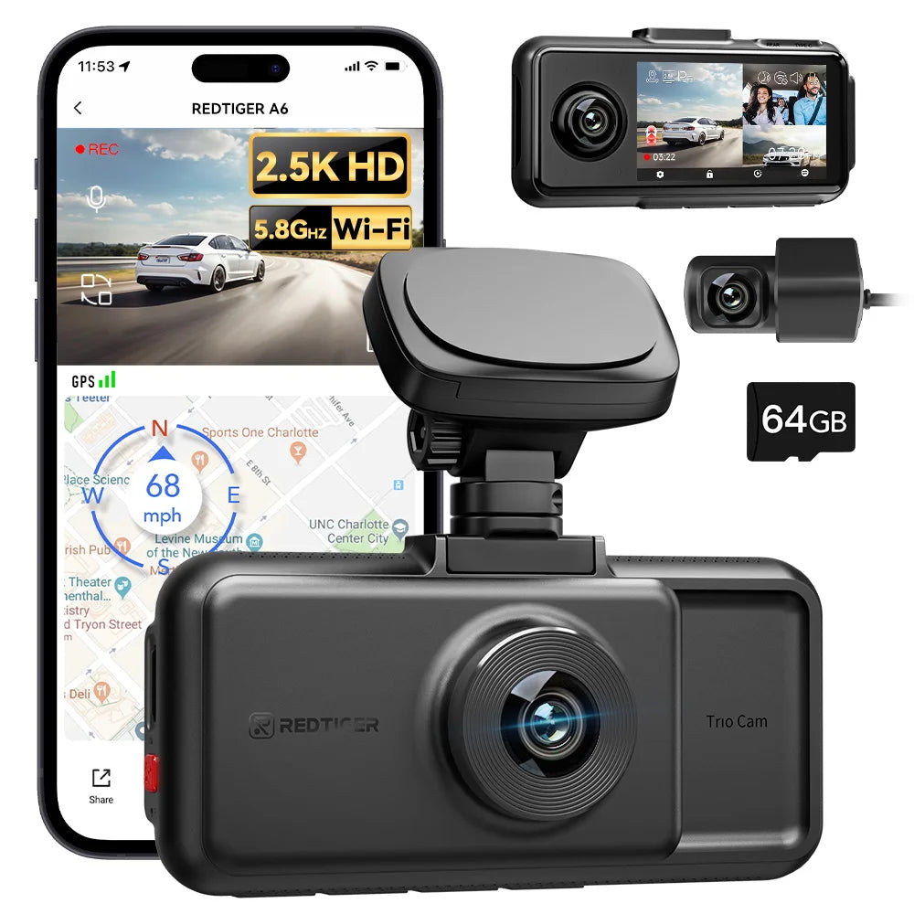 4K Dash Cam with Night Vision, GPS, 3 Cameras (Front/Cabin/Rear), & Parking Monitor