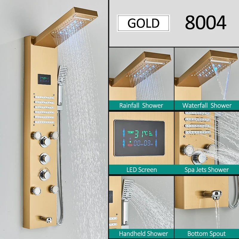 LED Shower Panel Tower System Waterfall Hydroelectricity with LCD Display