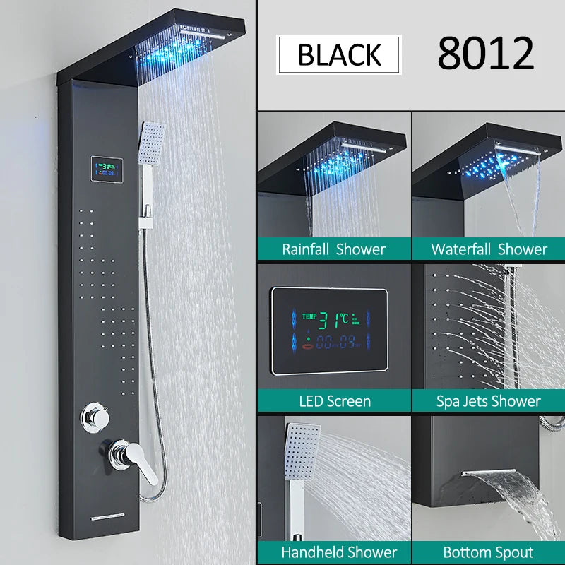 LED Shower Panel Tower System Waterfall Hydroelectricity with LCD Display
