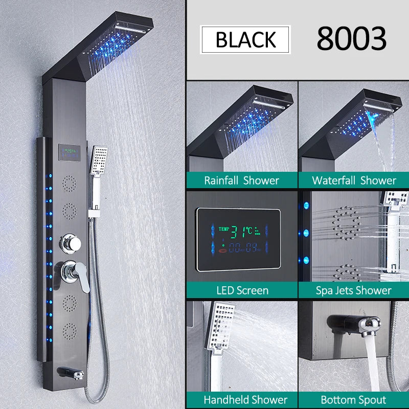 LED Shower Panel Tower System Waterfall Hydroelectricity with LCD Display