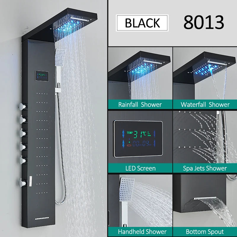 LED Shower Panel Tower System Waterfall Hydroelectricity with LCD Display