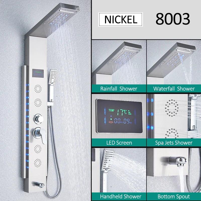 LED Shower Panel Tower System Waterfall Hydroelectricity with LCD Display