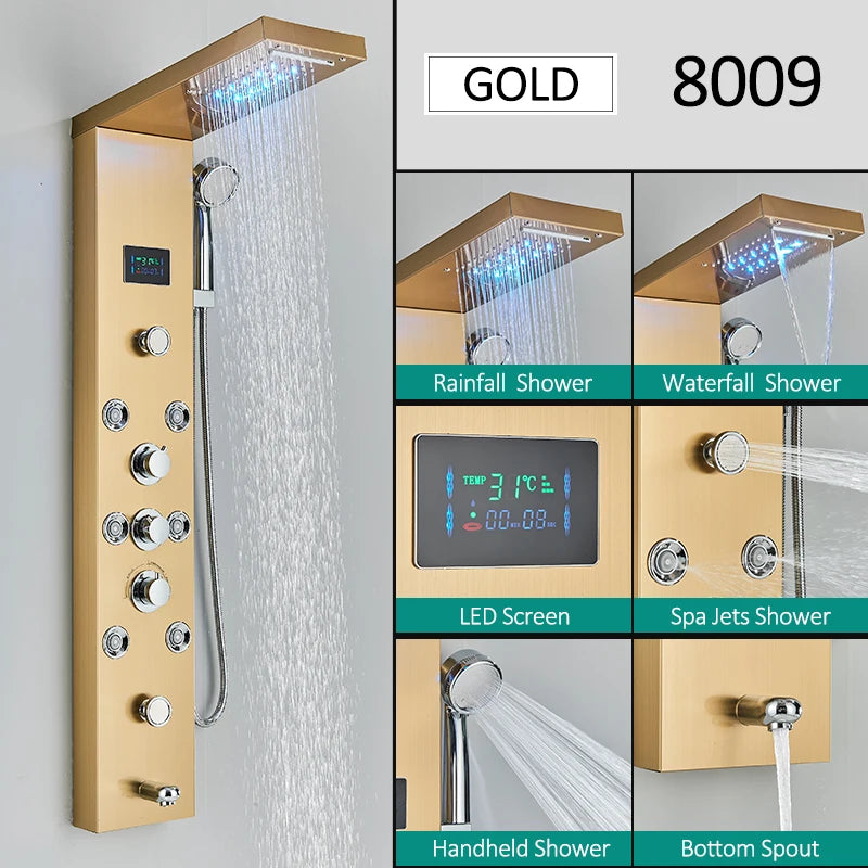 LED Shower Panel Tower System Waterfall Hydroelectricity with LCD Display