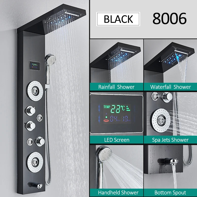 LED Shower Panel Tower System Waterfall Hydroelectricity with LCD Display