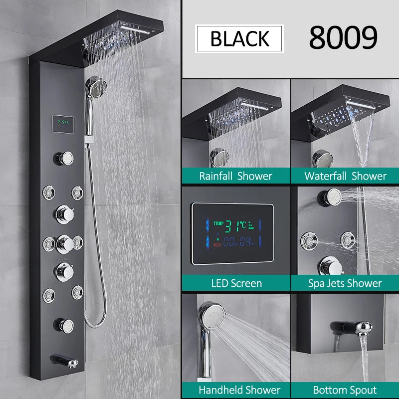 LED Shower Panel Tower System Waterfall Hydroelectricity with LCD Display