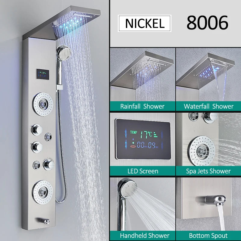 LED Shower Panel Tower System Waterfall Hydroelectricity with LCD Display