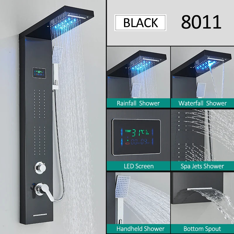 LED Shower Panel Tower System Waterfall Hydroelectricity with LCD Display