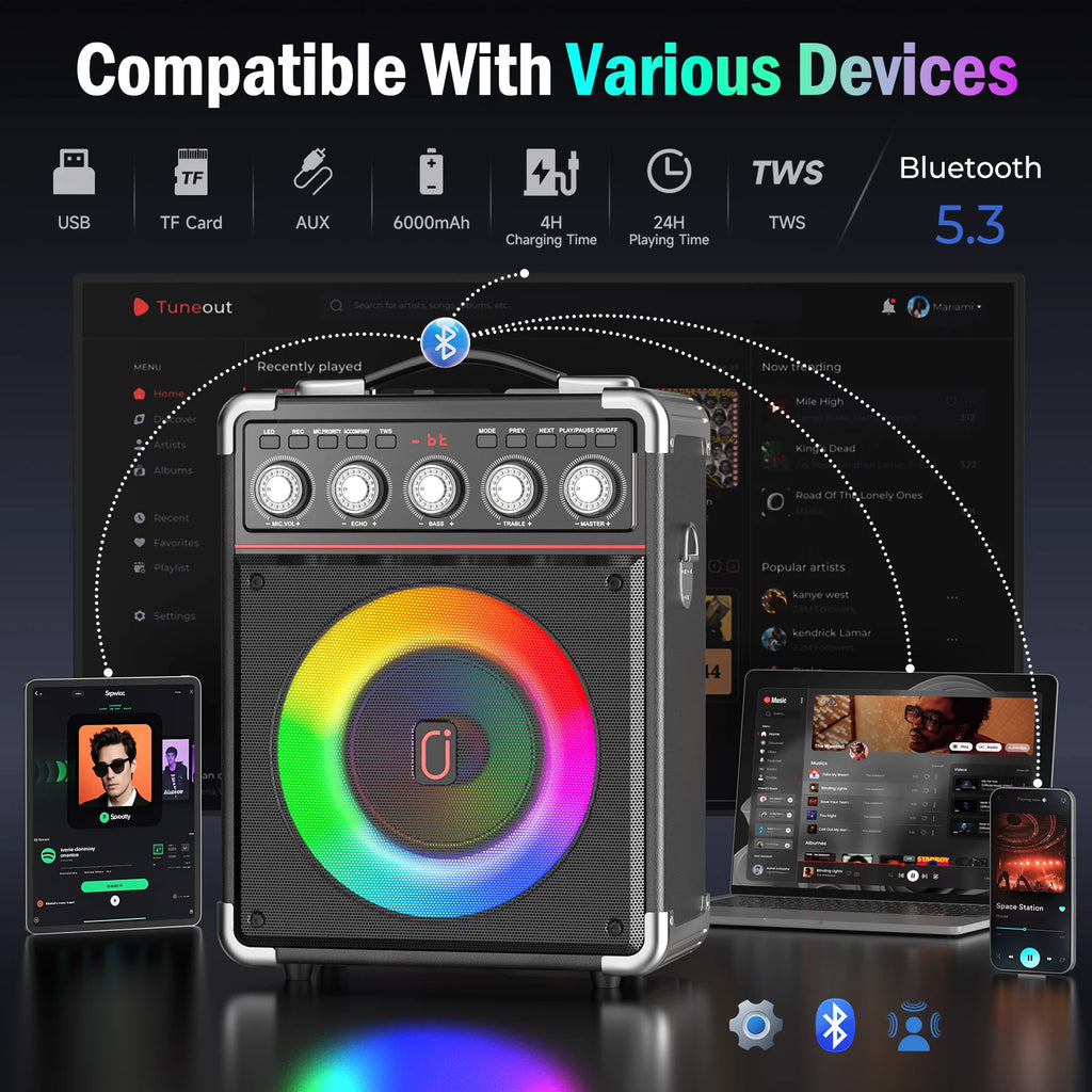 Wireless Portable Outdoor Karaoke Speaker with 2 Microphones & LED Lights