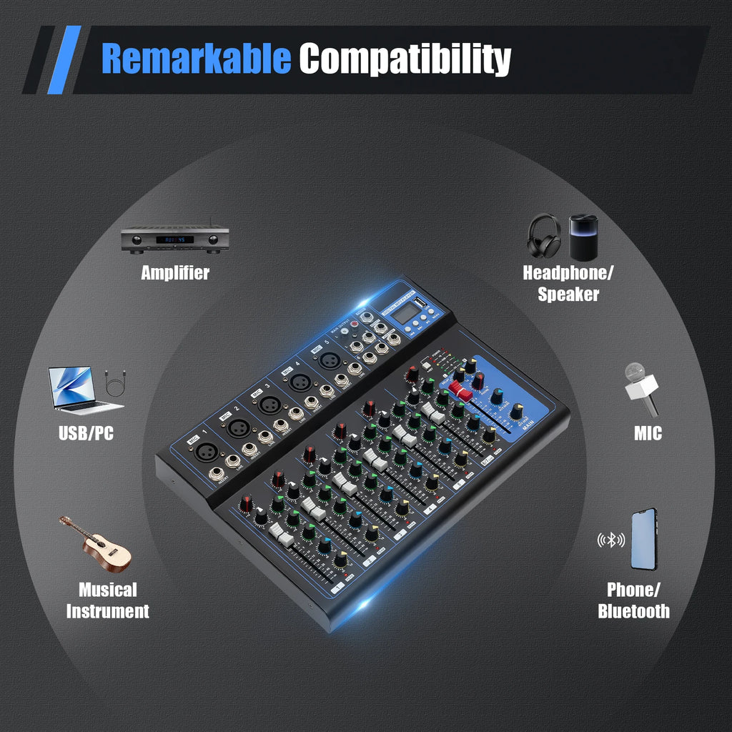 Professional 7/8-Channel Mixer: Bluetooth, USB Recording & XLR Mic Input