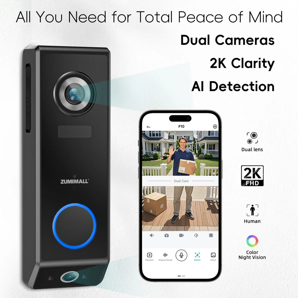 Dual-Lens Video Doorbell: 2-Way Audio, Voice Changer, & Chime