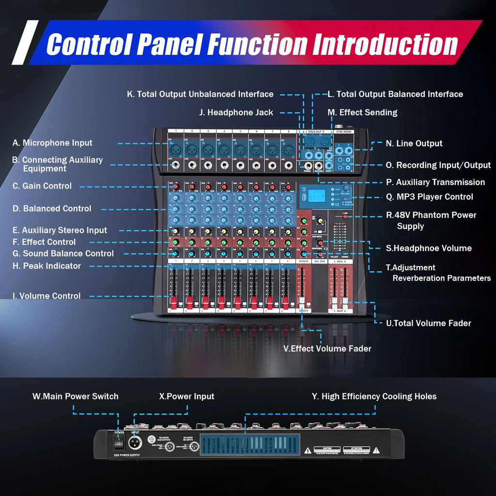 Professional 7/8-Channel Mixer: Bluetooth, USB Recording & XLR Mic Input