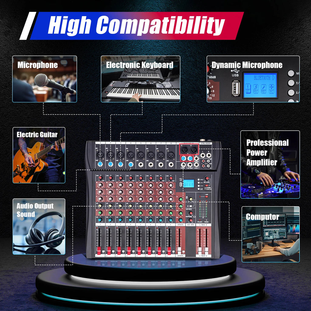 Professional 7/8-Channel Mixer: Bluetooth, USB Recording & XLR Mic Input