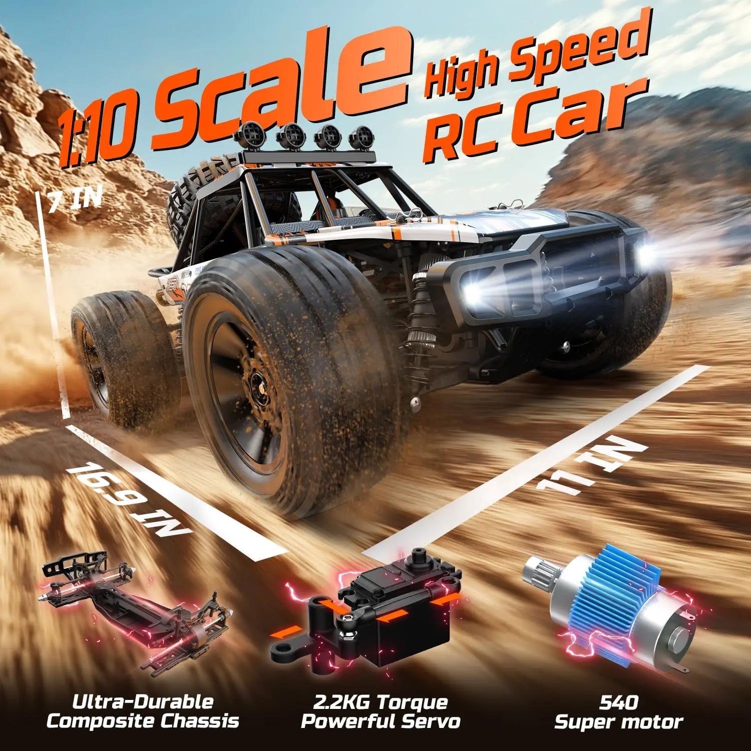 1/10 Scale High-Speed All-Terrain RC Truck (4WD, 2 Batteries)