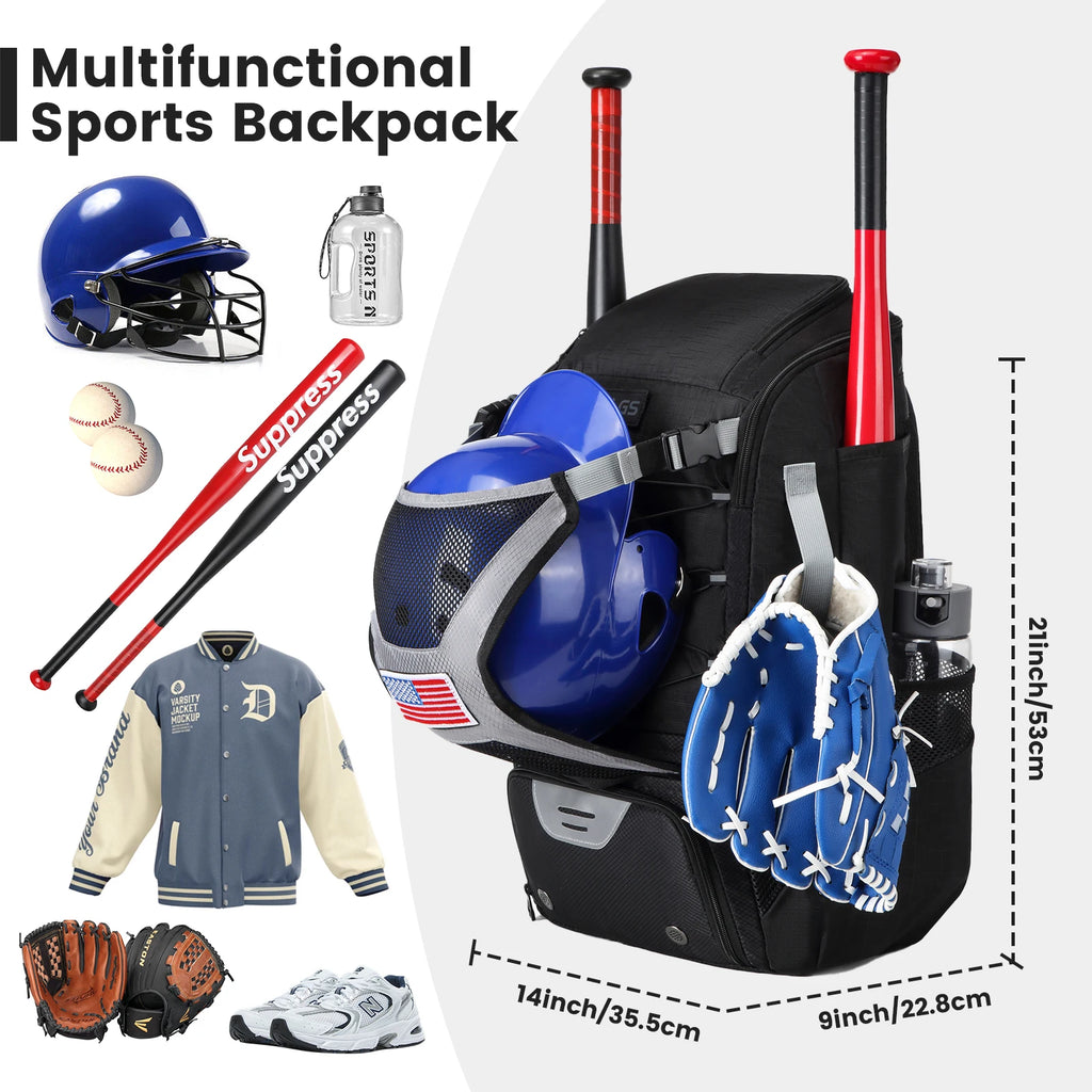 Large Capacity Youth Baseball/Softball Backpack with Bat, Helmet, & Shoe Storage