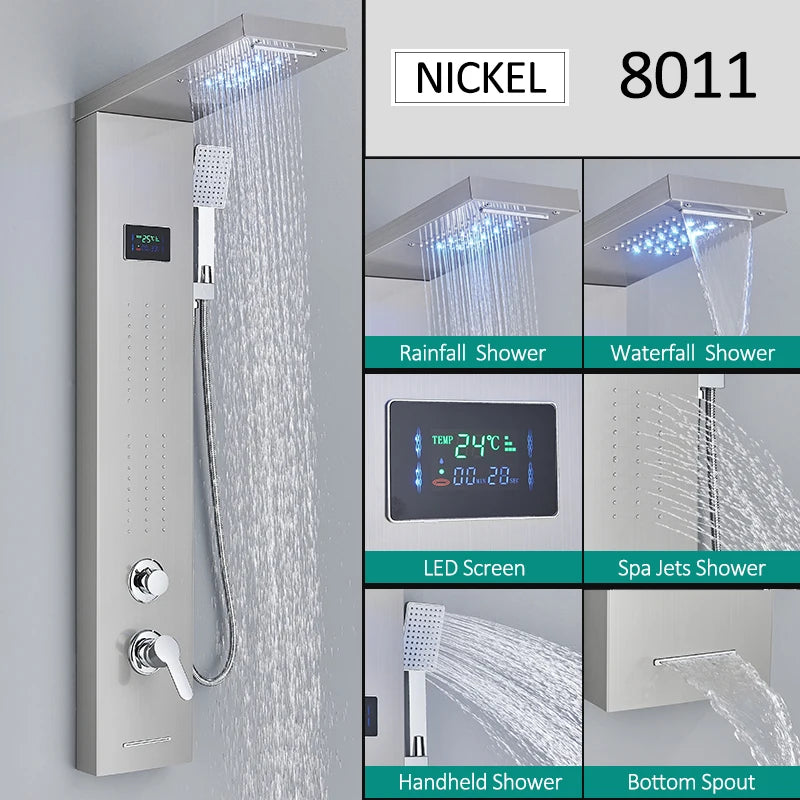 LED Shower Panel Tower System Waterfall Hydroelectricity with LCD Display