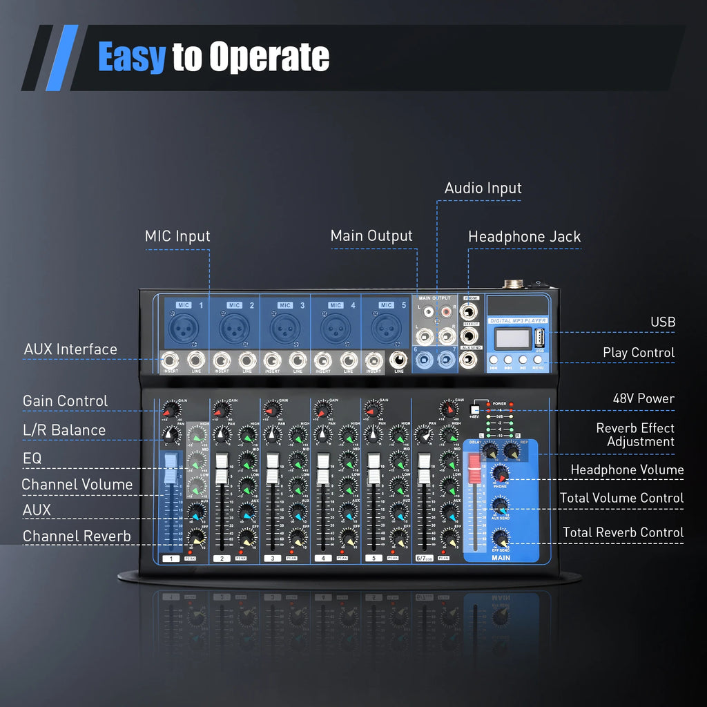 Professional 7/8-Channel Mixer: Bluetooth, USB Recording & XLR Mic Input