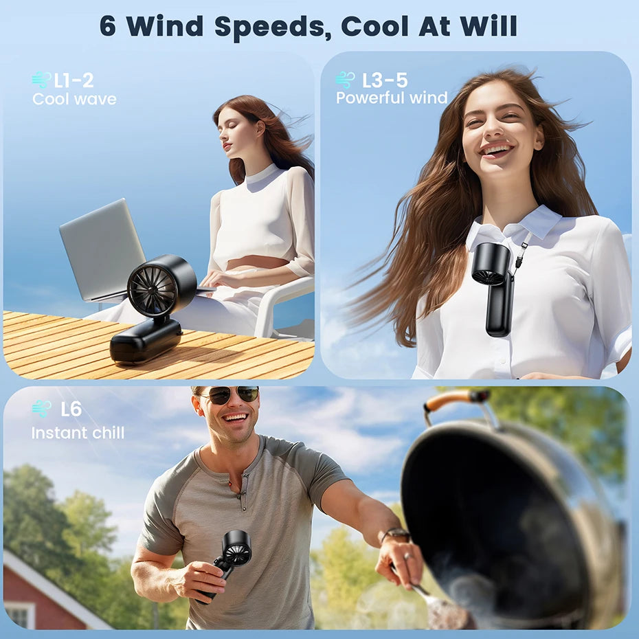 Handheld Turbo Fan with 6 Speeds and Foldable Neck/Desk Design