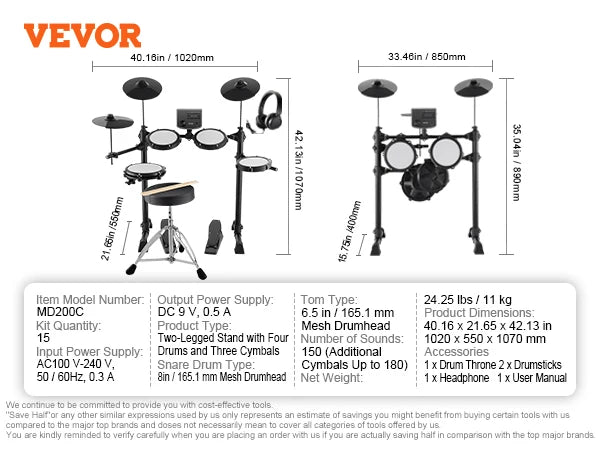 Beginner Electric Drum Set: 15 Kits, 150 Sounds, Quiet Mesh Snare