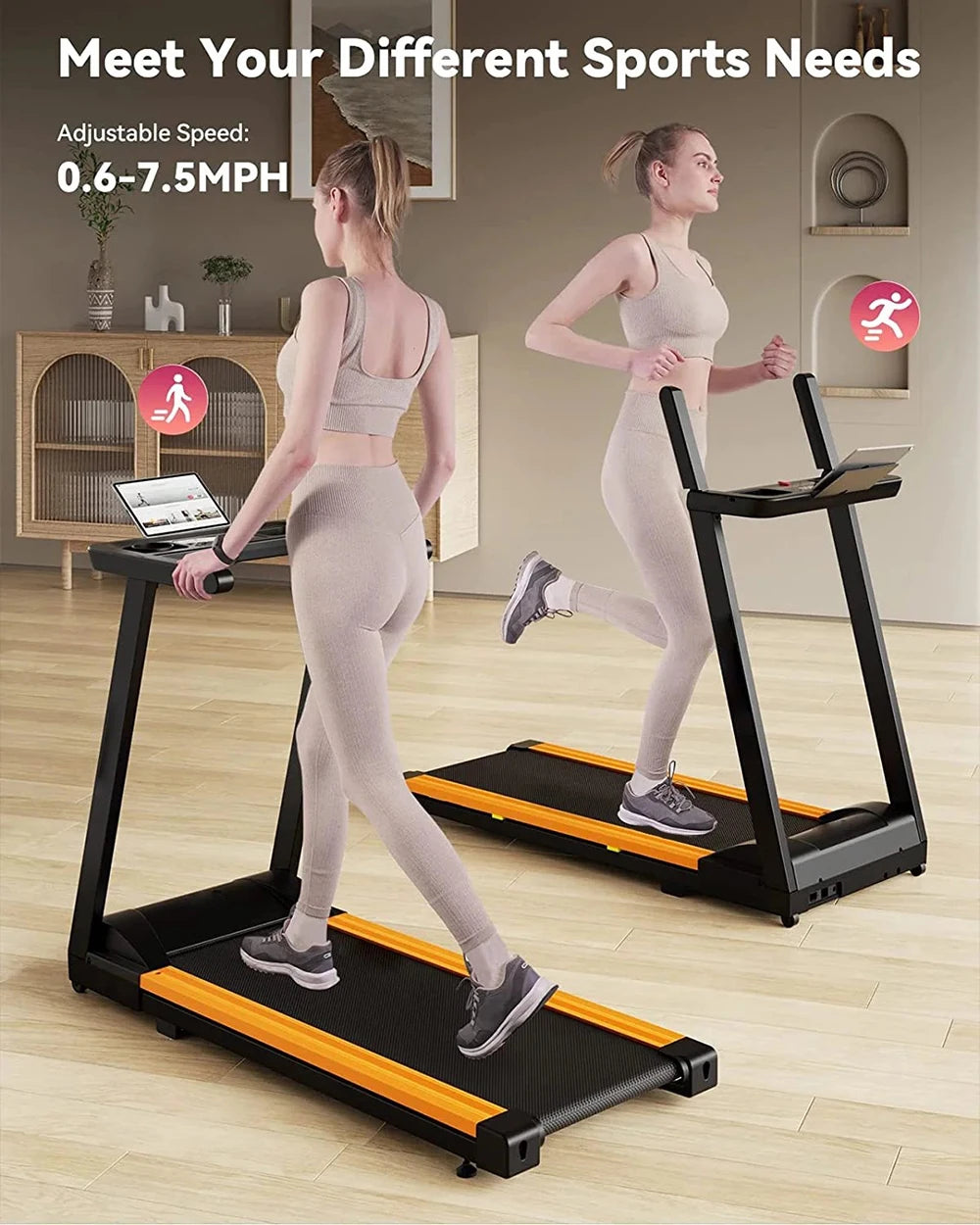 Quiet Portable 3.0 HP Folding Treadmill for Home with App Control, 7.5 MPH, 300 lbs Max