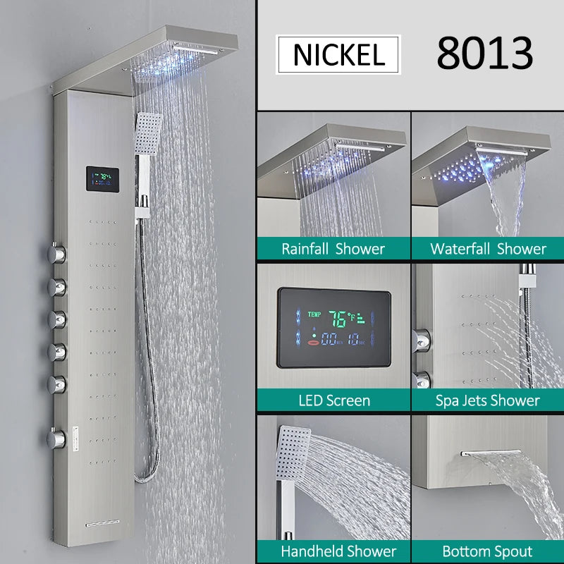 LED Shower Panel Tower System Waterfall Hydroelectricity with LCD Display