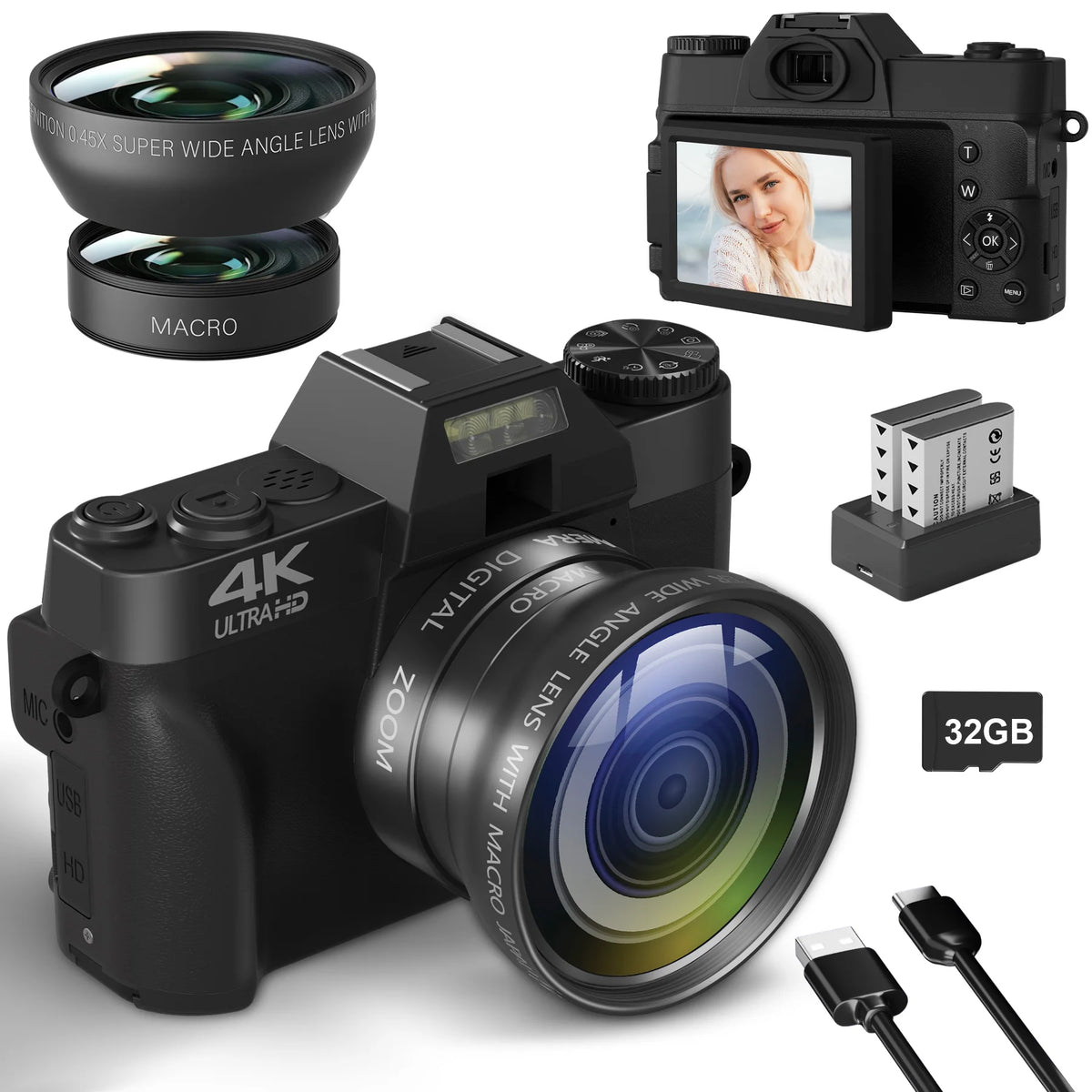 Retro 4K Digital Camera with Wi-Fi & Flip Screen, and 64MP