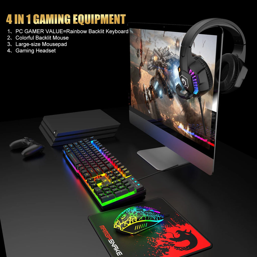 Wired Gaming Keyboard, Mouse & Headset Combo with Rainbow LED