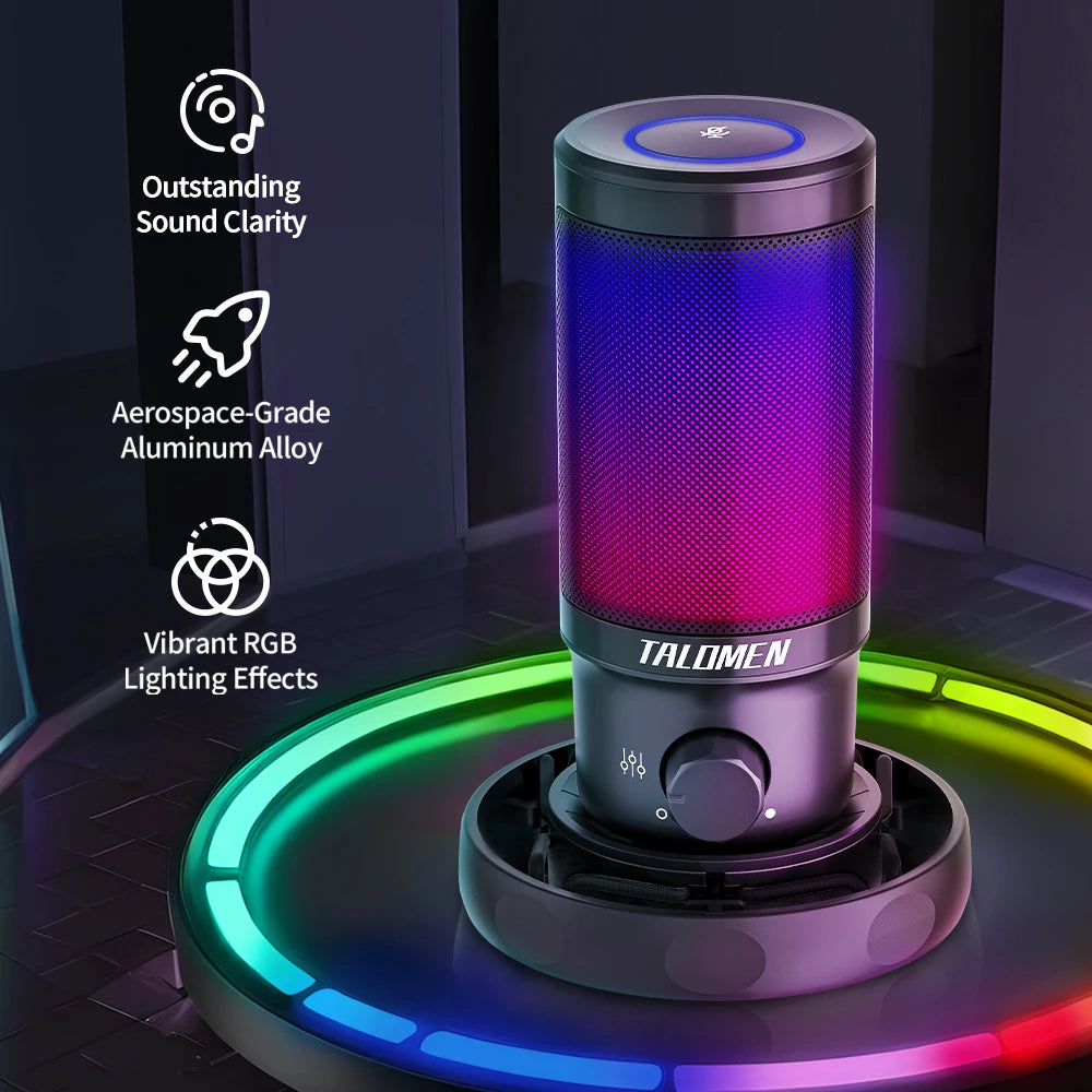 talomen Gaming PC USB Microphone, Podcast Condenser Mic with Boom Arm, Online Chat, RGB Computer Mic for PS4/5 PC Gamer F8S