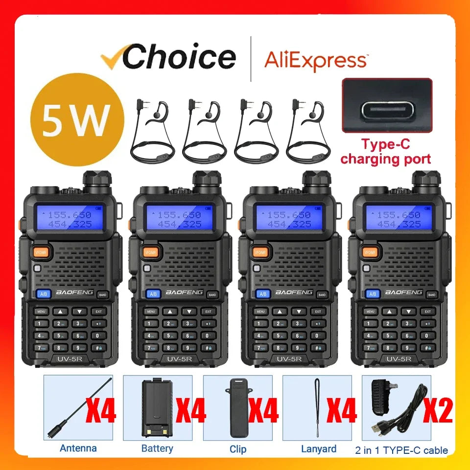 4-Pack Long Range Two-Way Radios Walkie Talkies (Dual-Band, 5W)