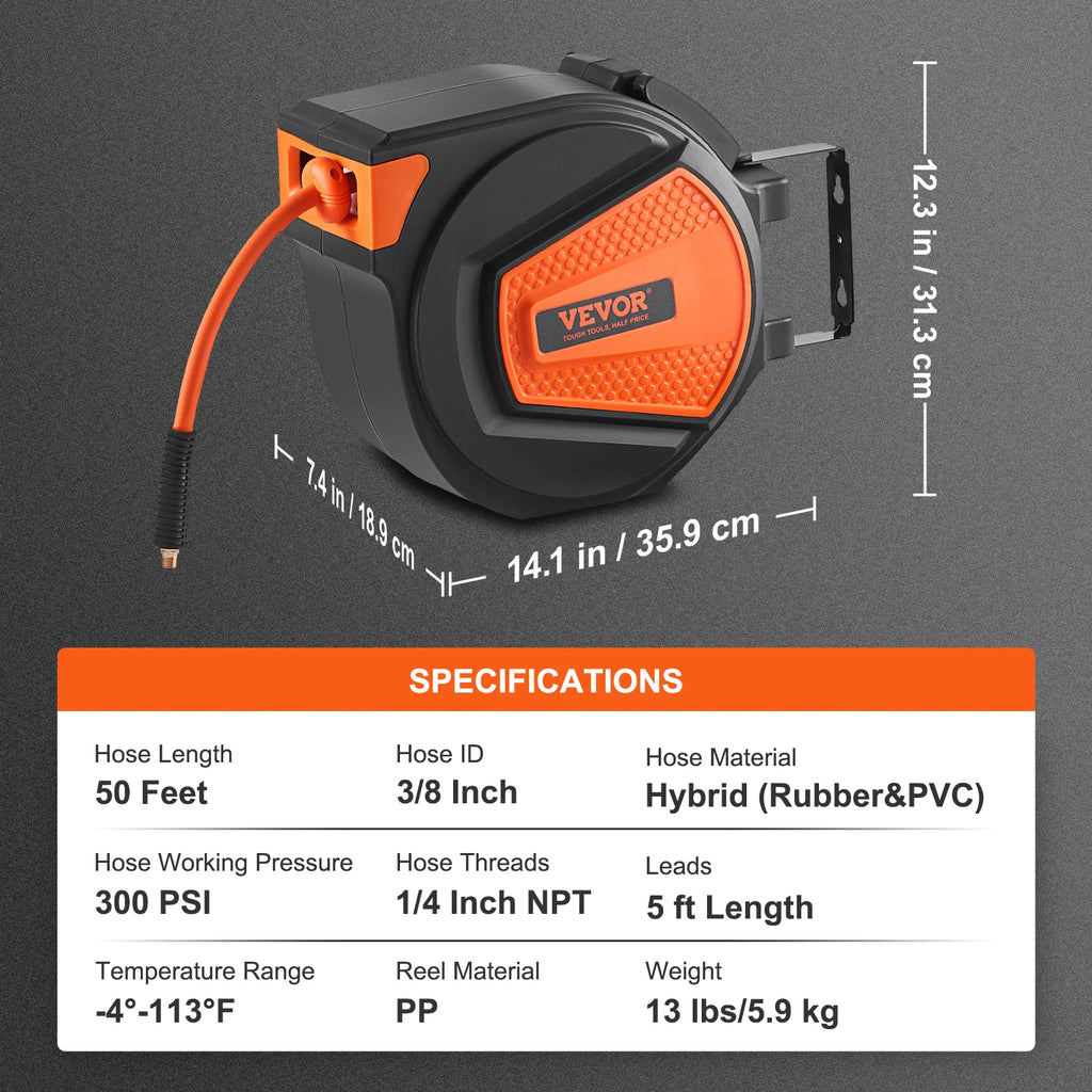 Automatic 50FT Retractable Air Hose Reel for Garages & Workshops