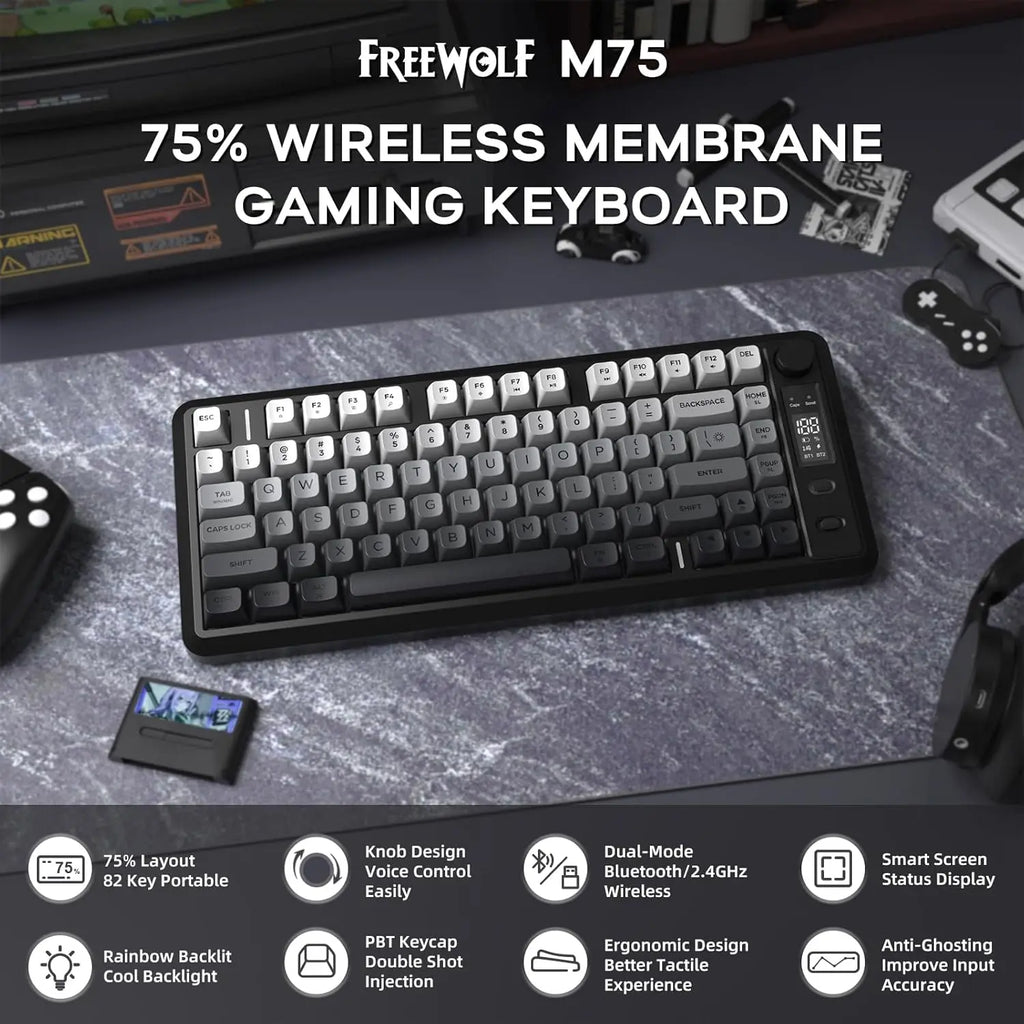 Wireless Membrane Gaming Keyboard with Knob and LED Display