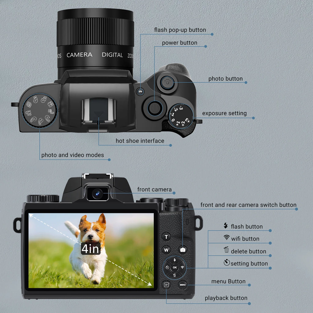 Digital Camera with Flash & Dual Lenses: 4K 64MP & WiFi