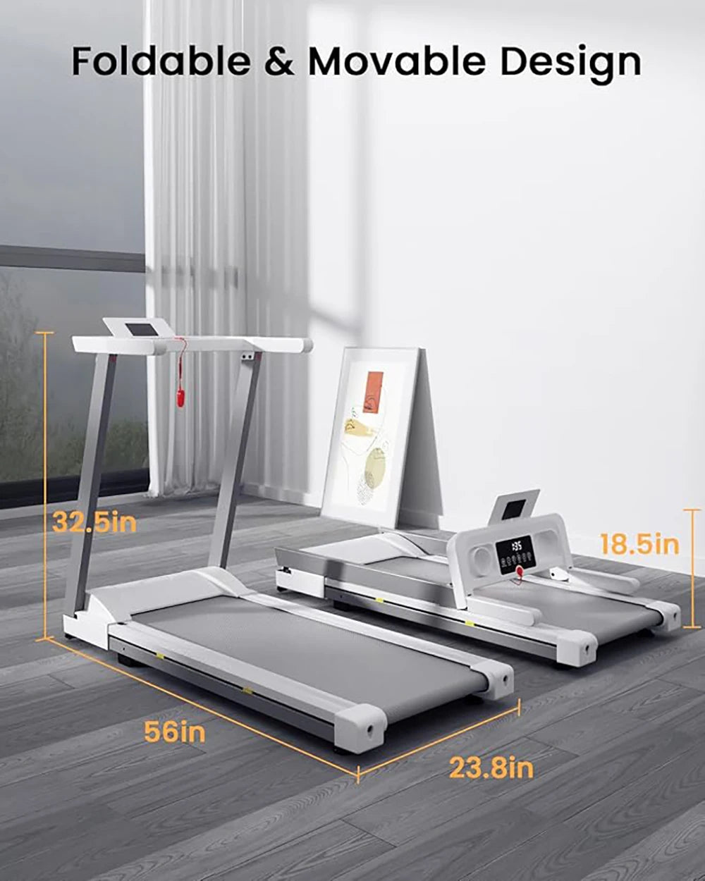 Quiet Portable 3.0 HP Folding Treadmill for Home with App Control, 7.5 MPH, 300 lbs Max