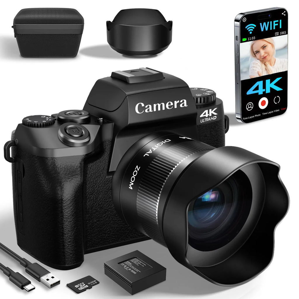 Digital Camera with Flash & Dual Lenses: 4K 64MP & WiFi