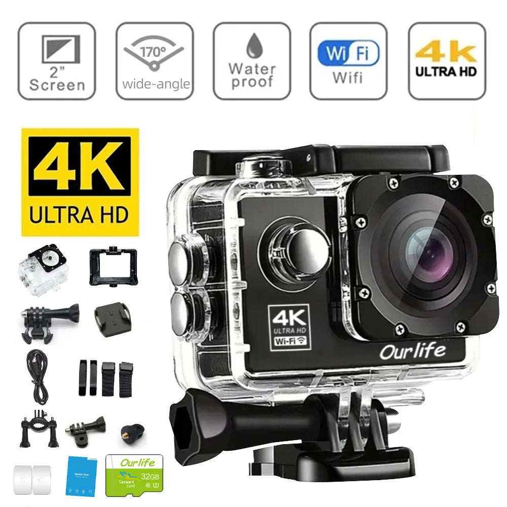 Waterproof (30M) Ultra HD 4K Action Camera with Wi-Fi, 170° Lens & 2" Screen
