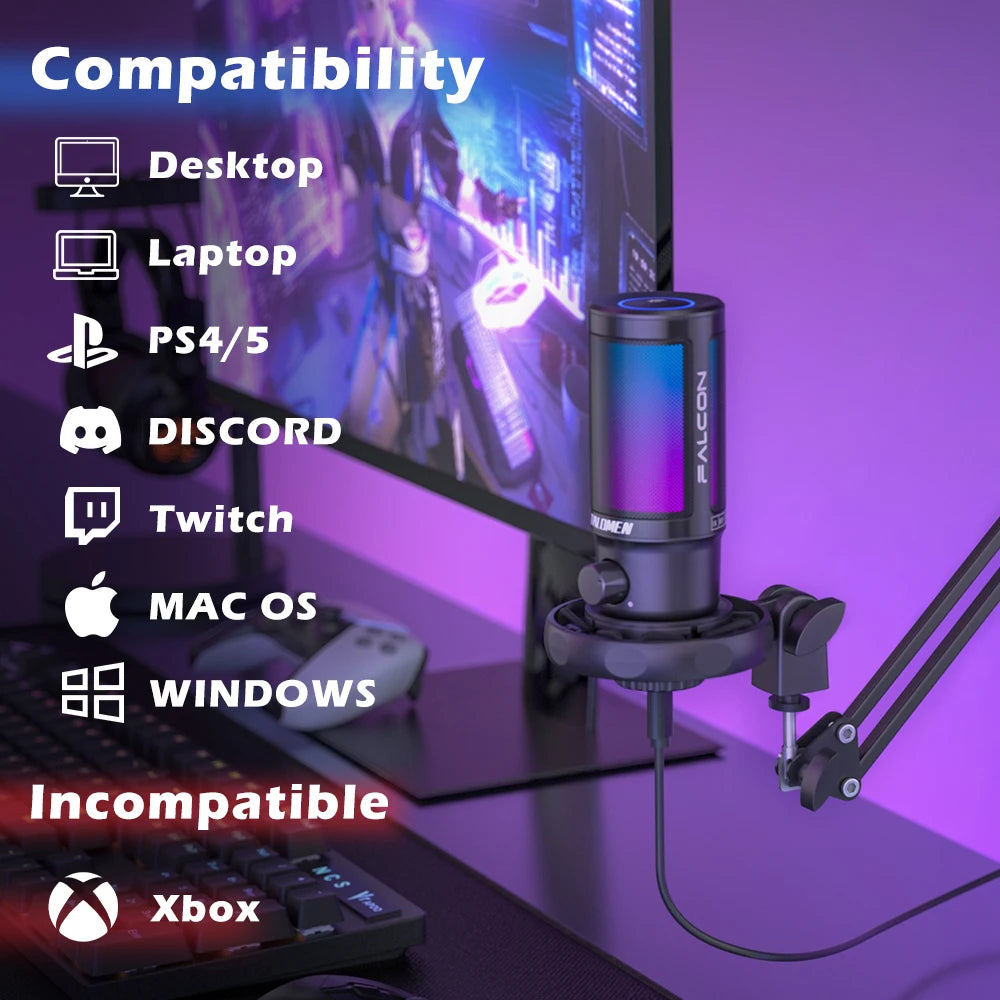 talomen Gaming PC USB Microphone, Podcast Condenser Mic with Boom Arm, Online Chat, RGB Computer Mic for PS4/5 PC Gamer F8S