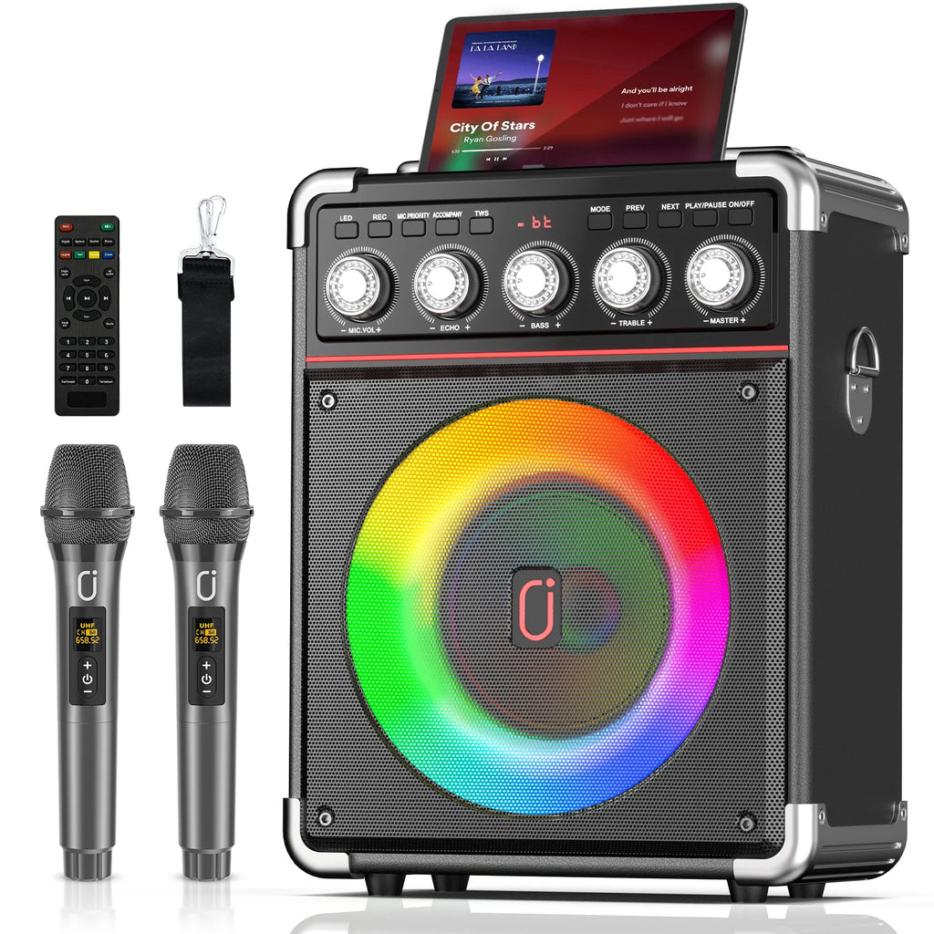 Wireless Portable Outdoor Karaoke Speaker with 2 Microphones & LED Lights