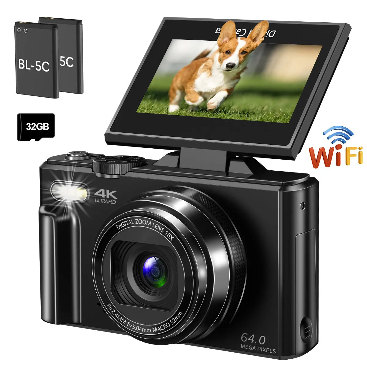 4K Compact Digital Camera for Vlogging & Photography with Flip Screen, 18x Zoom, & WIFI