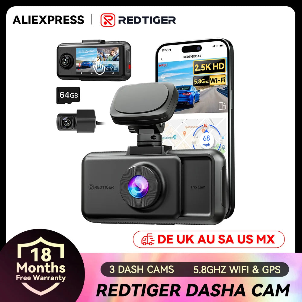 4K Dash Cam with Night Vision, GPS, 3 Cameras (Front/Cabin/Rear), & Parking Monitor