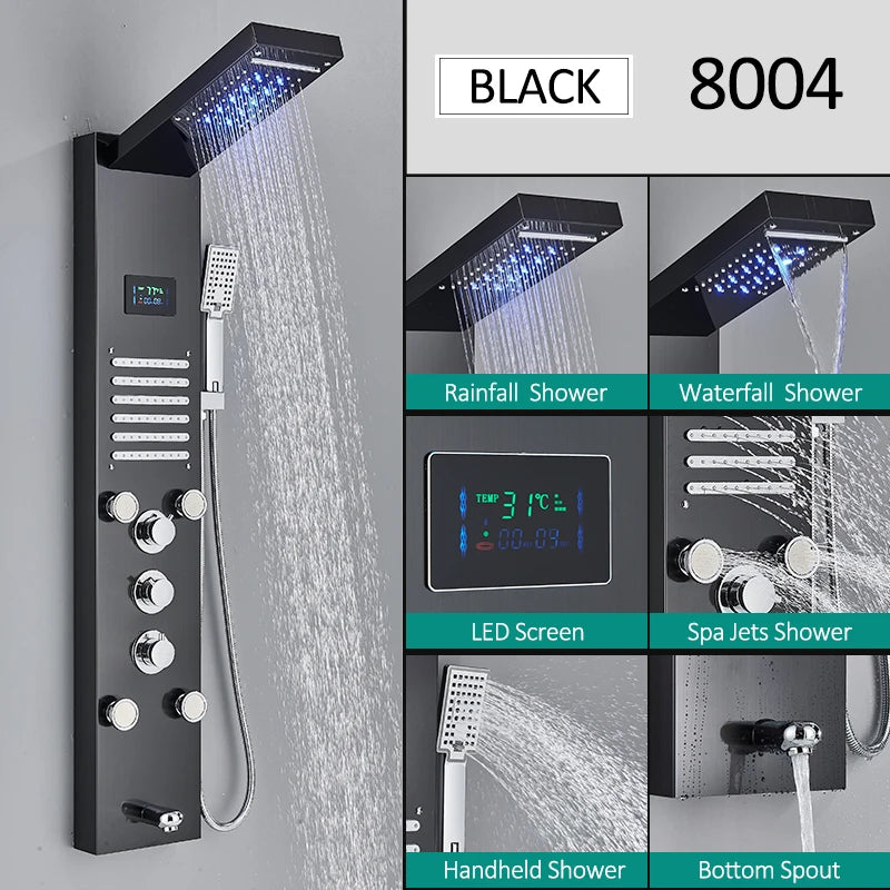 LED Shower Panel Tower System Waterfall Hydroelectricity with LCD Display