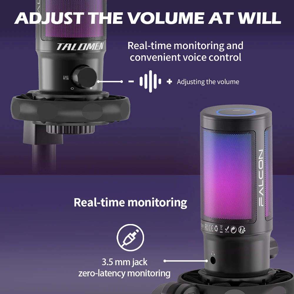 talomen Gaming PC USB Microphone, Podcast Condenser Mic with Boom Arm, Online Chat, RGB Computer Mic for PS4/5 PC Gamer F8S