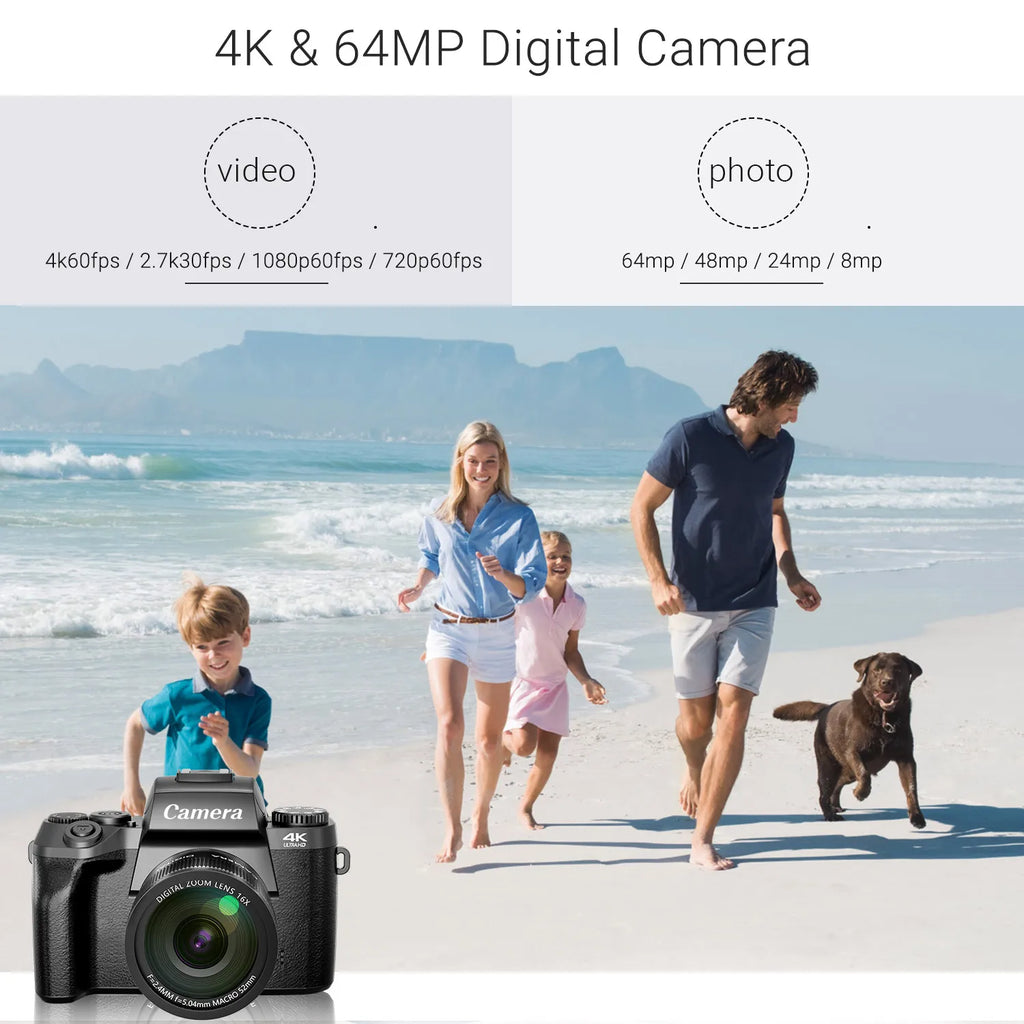 Digital Camera with Flash & Dual Lenses: 4K 64MP & WiFi
