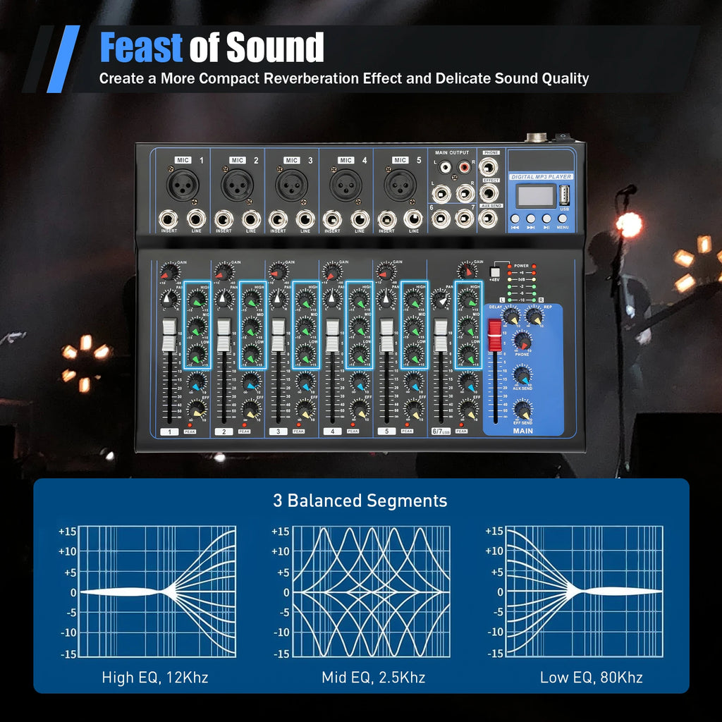 Professional 7/8-Channel Mixer: Bluetooth, USB Recording & XLR Mic Input