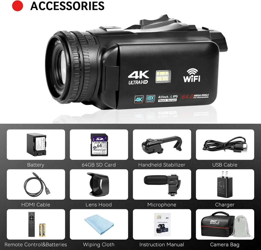 4K Video Camera with Touchscreen & 64GB SD Card
