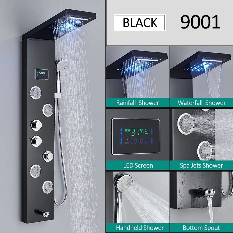 LED Shower Panel Tower System Waterfall Hydroelectricity with LCD Display