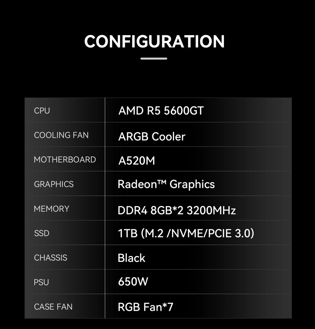 Gaming Desktop: Ryzen 5 5600GT, 16GB DDR4, 1TB NVMe SSD, Windows 11, ARGB