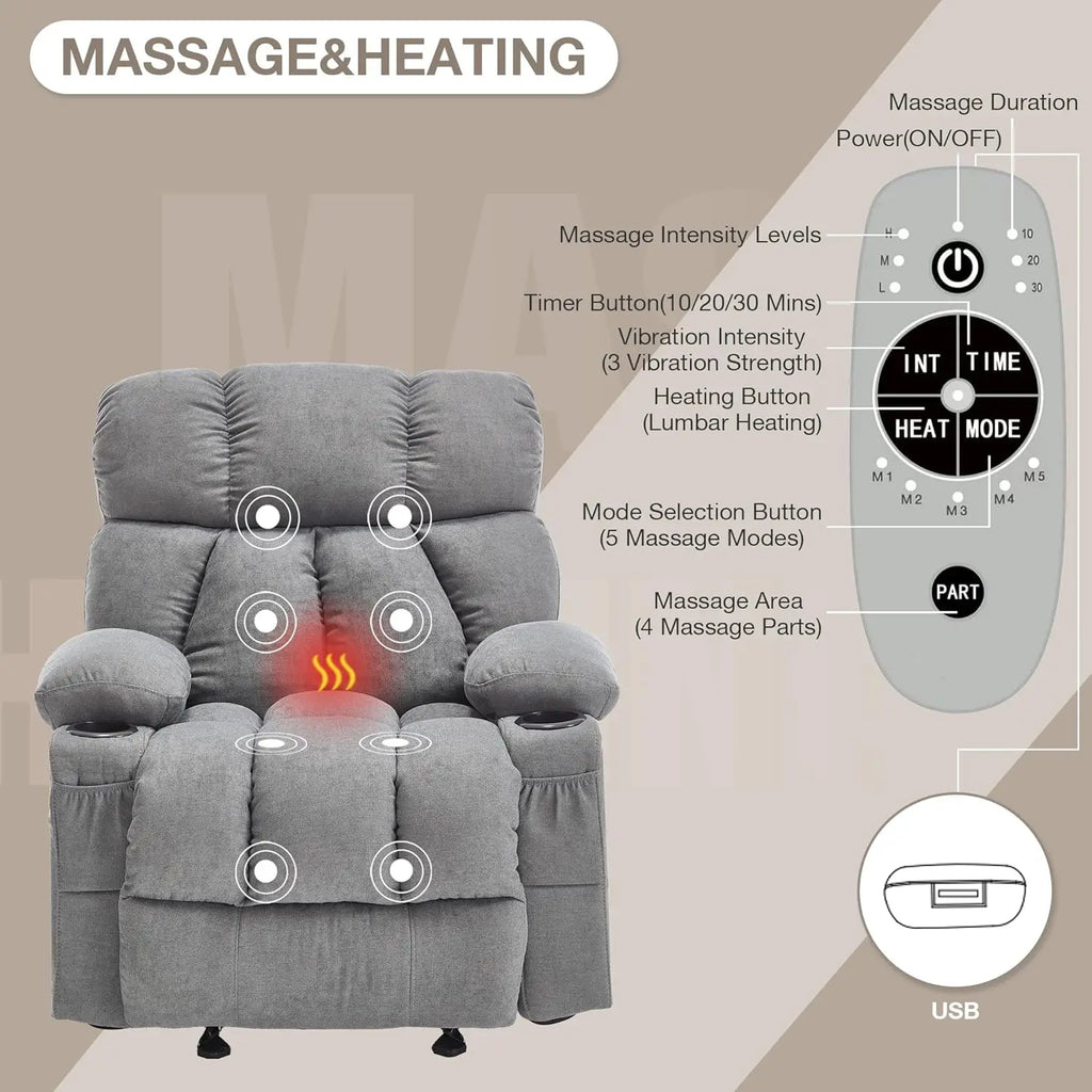 Comfy Rocker Recliner with Vibration Massage & Heat for Full Body Relaxation