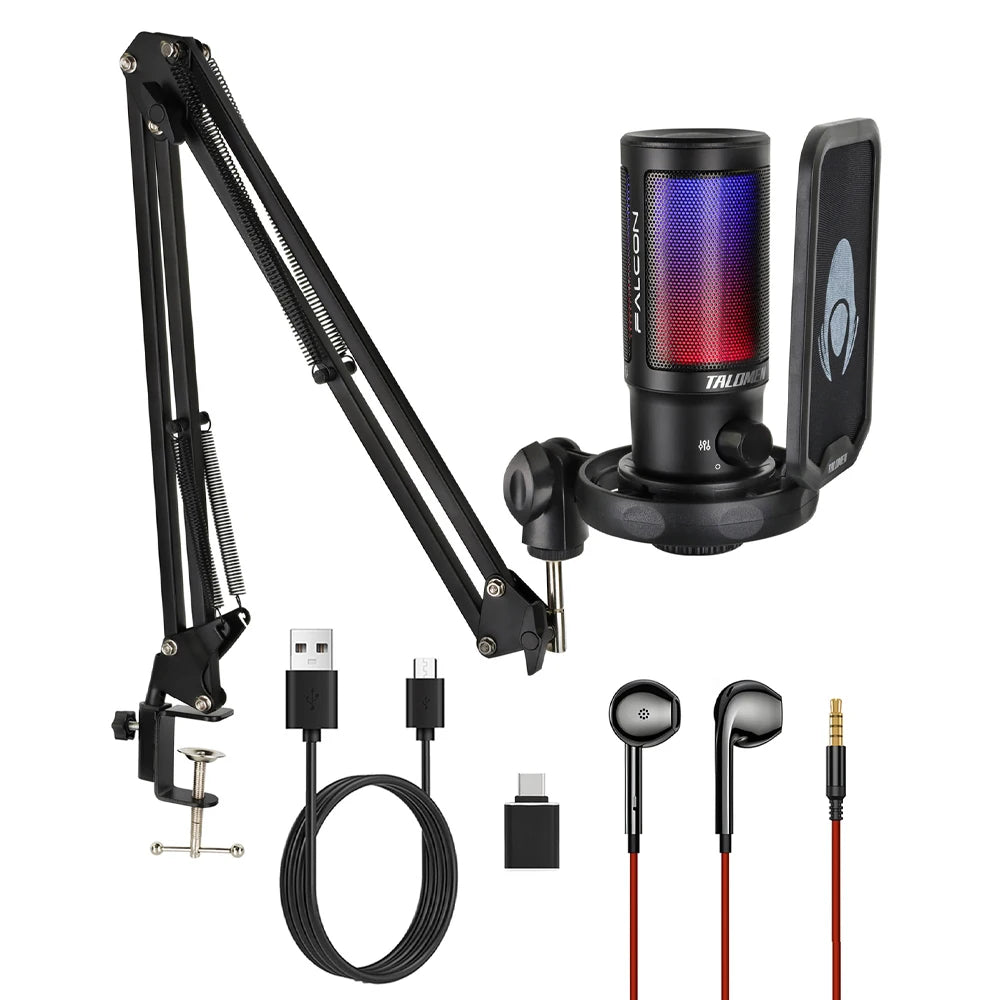 talomen Gaming PC USB Microphone, Podcast Condenser Mic with Boom Arm, Online Chat, RGB Computer Mic for PS4/5 PC Gamer F8S