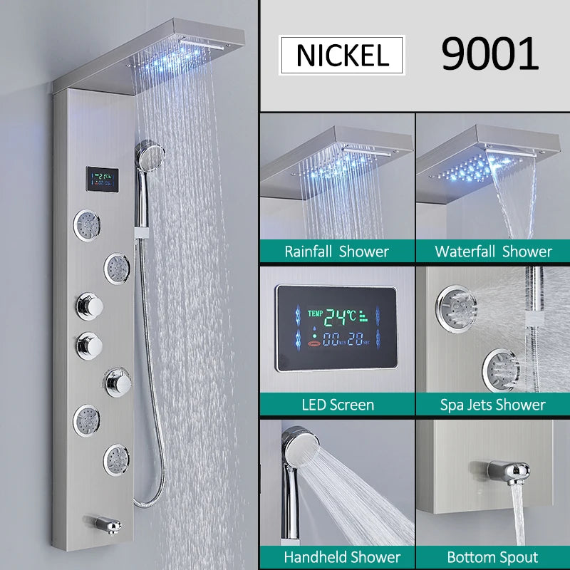 LED Shower Panel Tower System Waterfall Hydroelectricity with LCD Display
